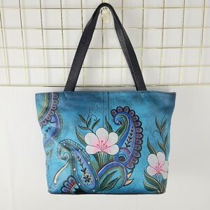 Anuschka Hand Painted Denim Paisley Floral Blue Genuine Leather Tote Bag